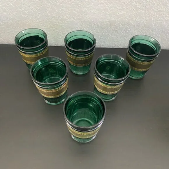 RARE! Vintage 60s MCM Emerald Green Leather Banded Tumbler Glasses Set of 6 - Picture 3 of 14